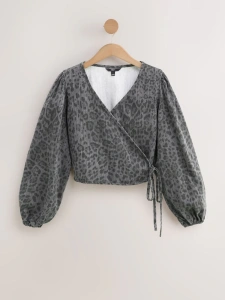 Leopard Print Tie Front Wrap Denim Blouse  Next 38 M szara bluzka wiązana w panterkę panterka 
