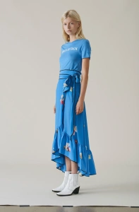 Ganni jedwabna spódnica joycedale Maxi Skirt S 36 jedwab niebieska asymetryczna w kwiaty 