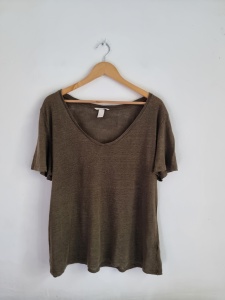 H&M zielony lniany t-shirt L 40 khaki len